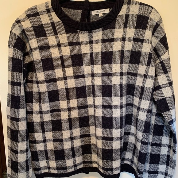 Madewell Merino Wool cream/blue plaid button back crew sweater - Picture 2 of 12